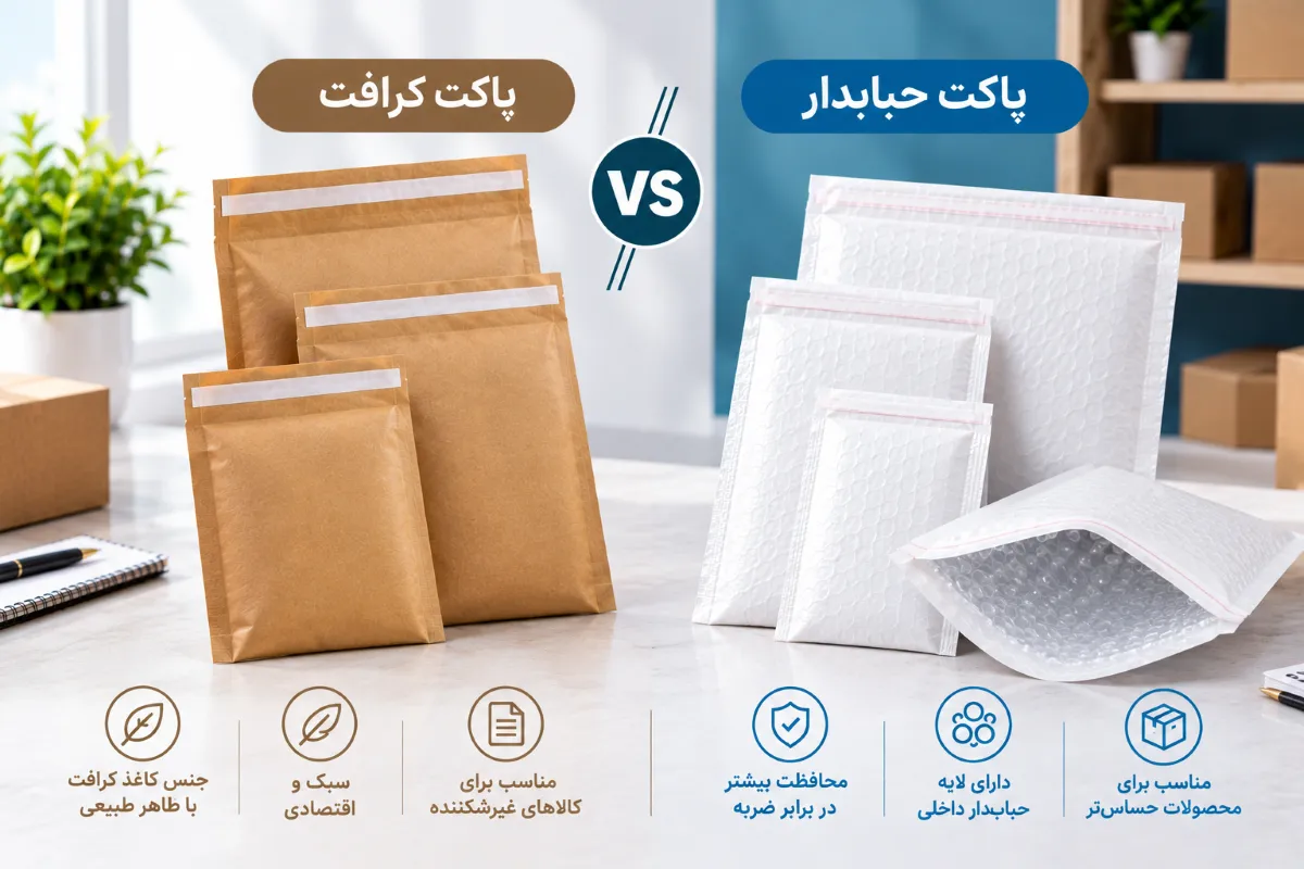 مقایسه پاکت کرافت با پاکت حبابدار دارای لایه داخلی حباب&zwnj;دار برای ارسال کالا